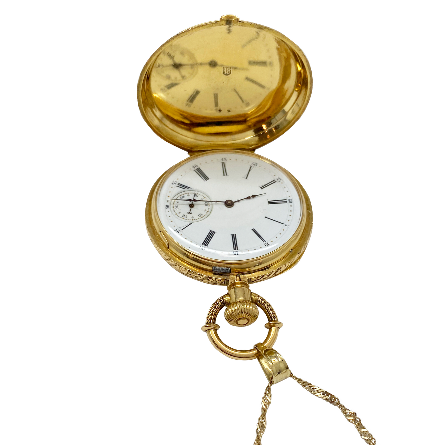 Gold pocket watch with open face on a white background