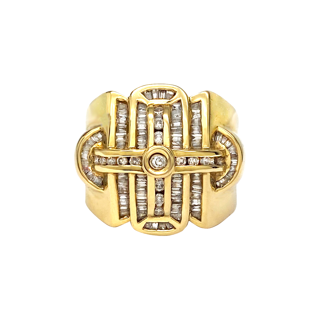 Gold ring with diamond accents on a white background