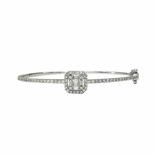 Silver bracelet with a diamond clasp on a white background