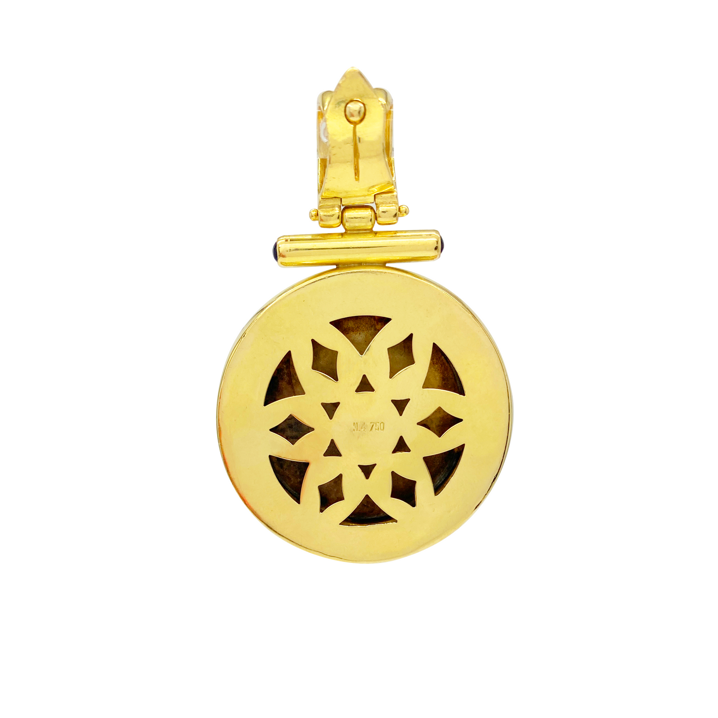 Gold pendant with intricate design on a white background
