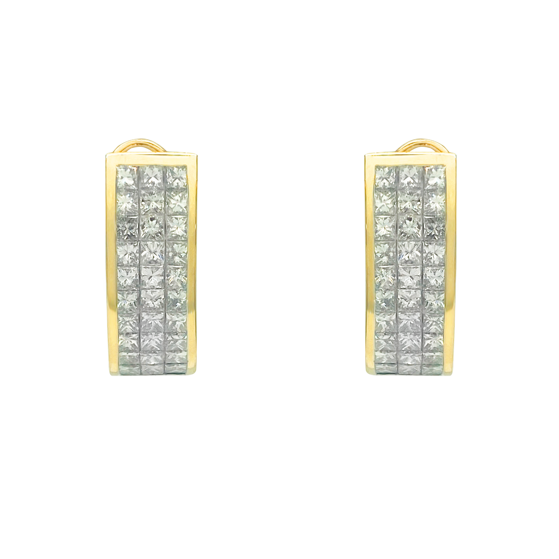 Pair of yellow gold hoop earrings with multiple rows of invisible-set princess-cut diamonds