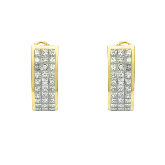 Pair of yellow gold hoop earrings with multiple rows of invisible-set princess-cut diamonds