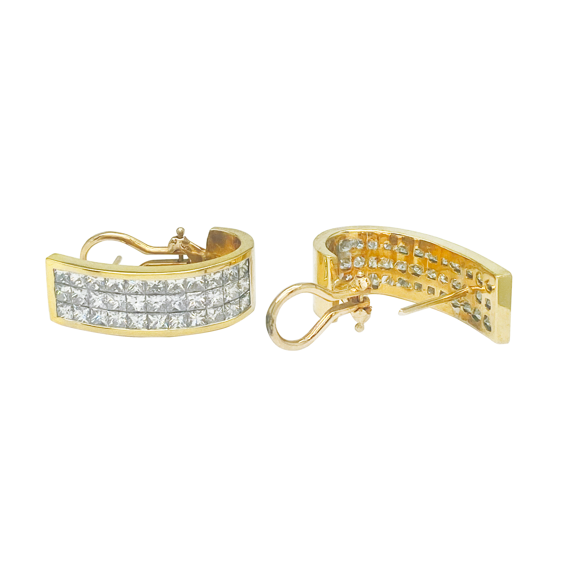 Pair of yellow gold hoop earrings with multiple rows of invisible-set princess-cut diamonds