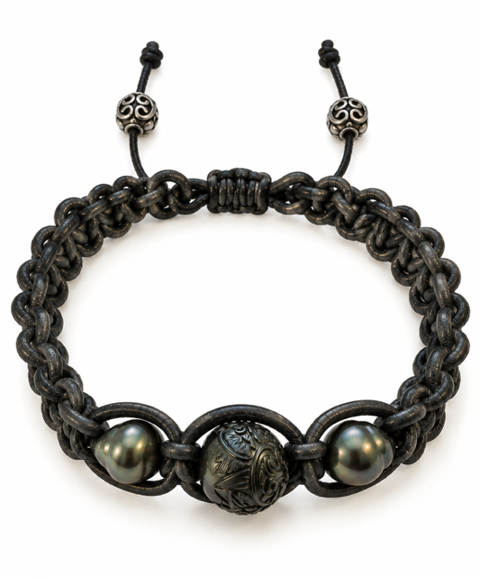 Carved Black Pearl Macrame Bracelet