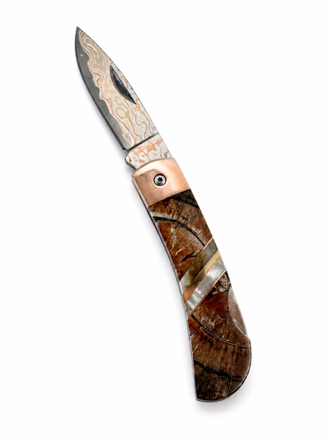 Copper Damascus Mammoth Tusk Lock Back Bronze Knife