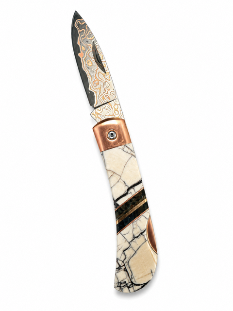 Copper Damascus Mammoth Tusk Lock Back White Knife