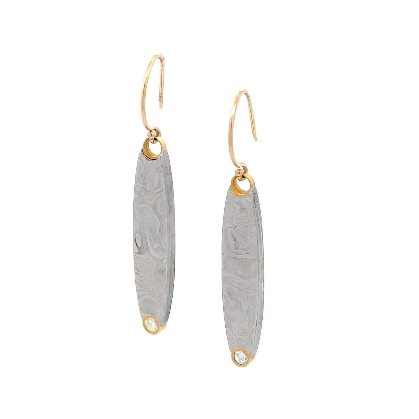 Pair of gold hoop earrings with a damascus steel pattern, on a white background.