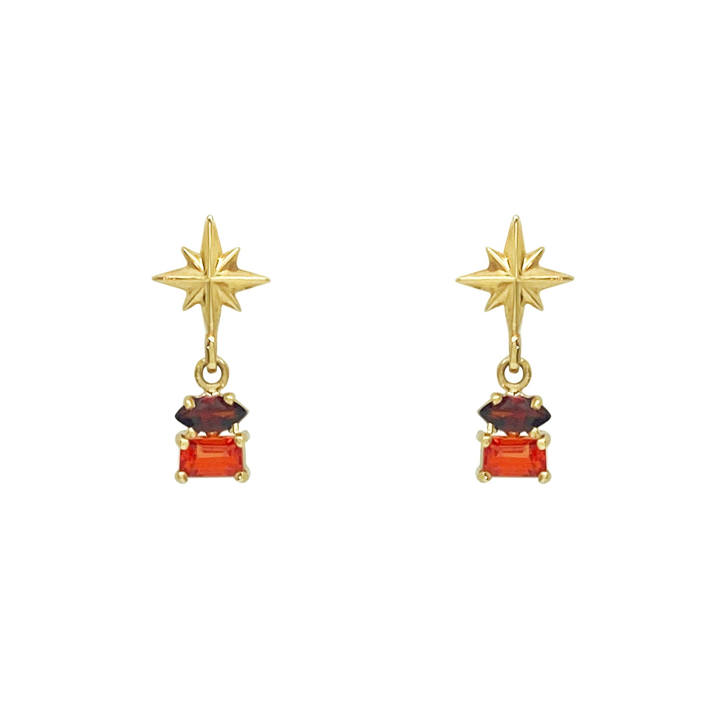 Pair of yellow gold star drop earrings with red and dark red gemstones.
