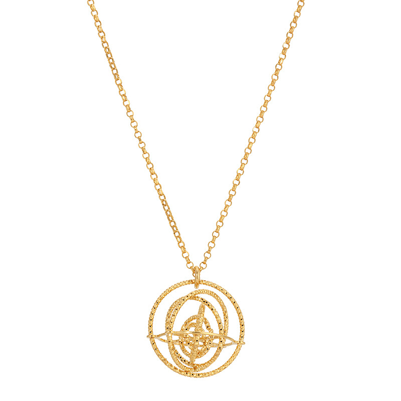 Gold necklace with a intricate circular pendant on a white background