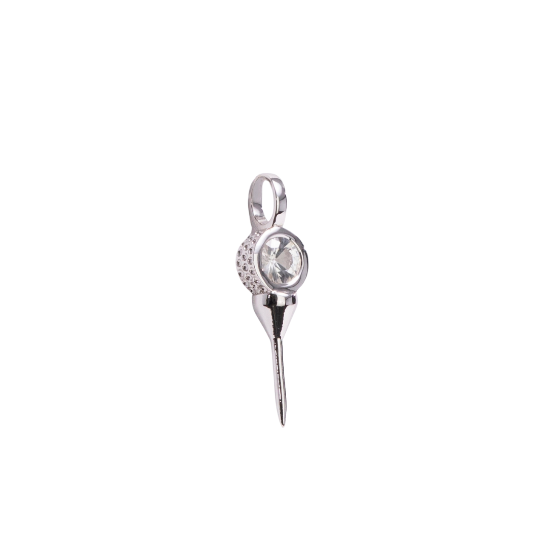 Silver golf pendant with a clear gemstone on a white background