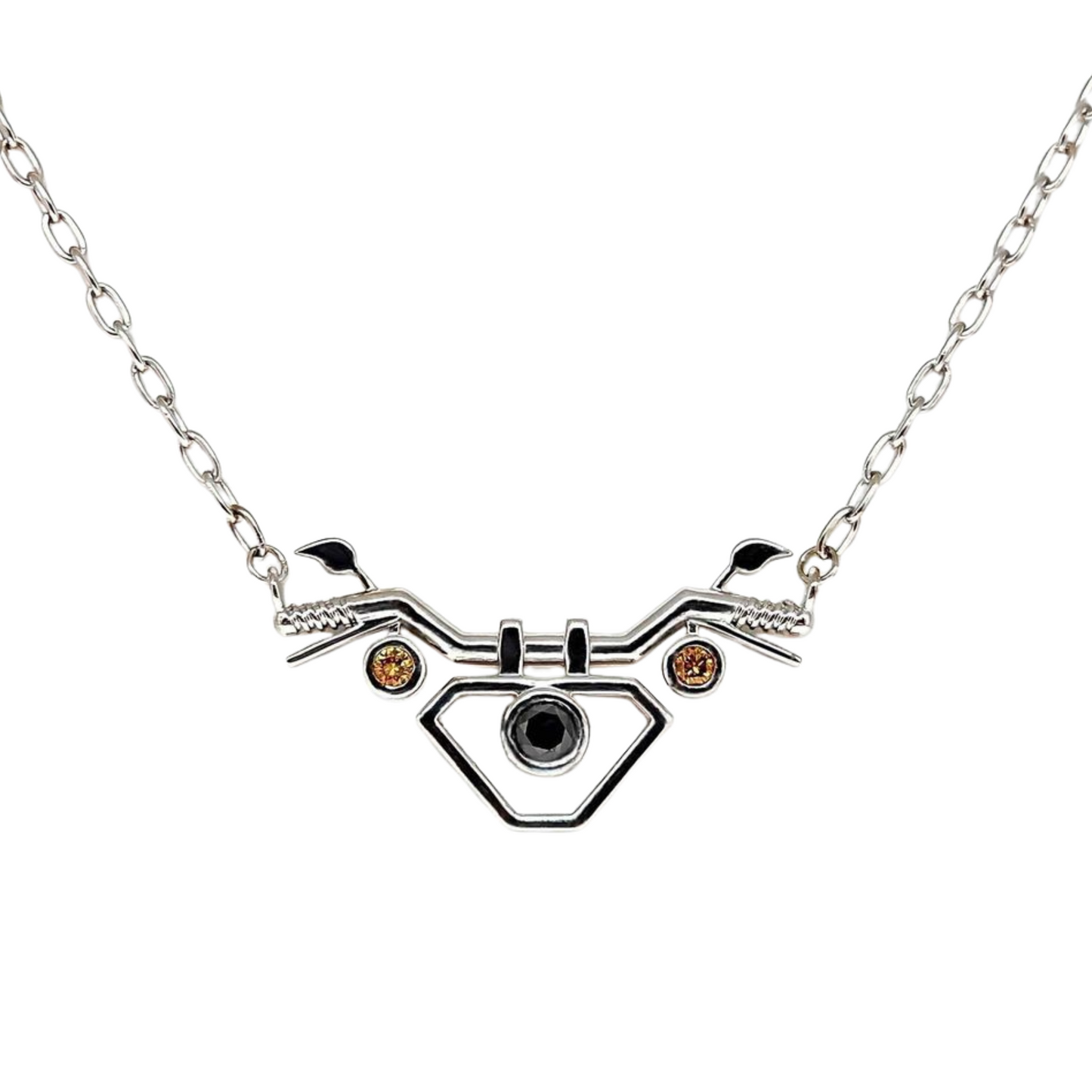 Silver necklace with a unique pendant on a white background