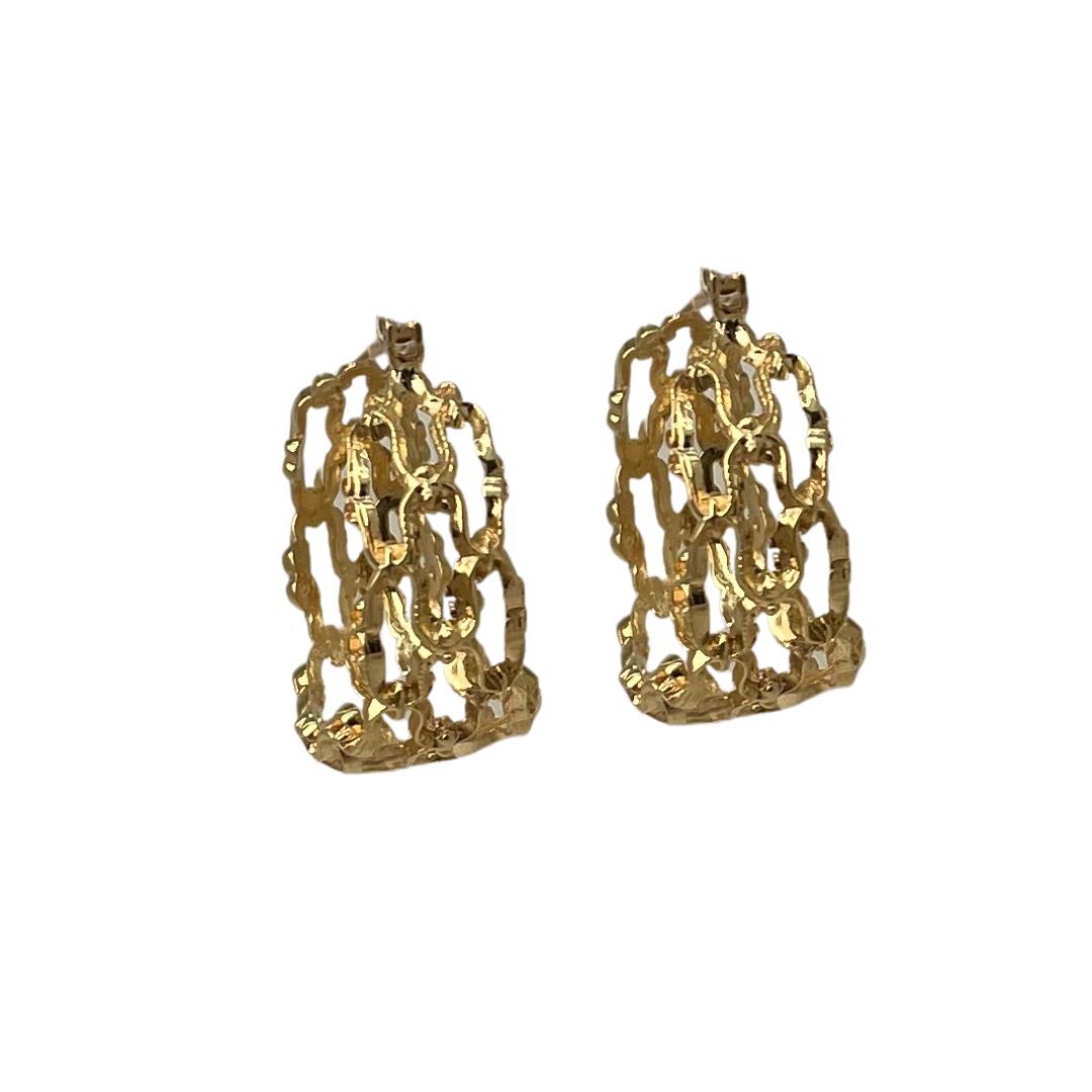 Pair of gold chain-link earrings on a white background