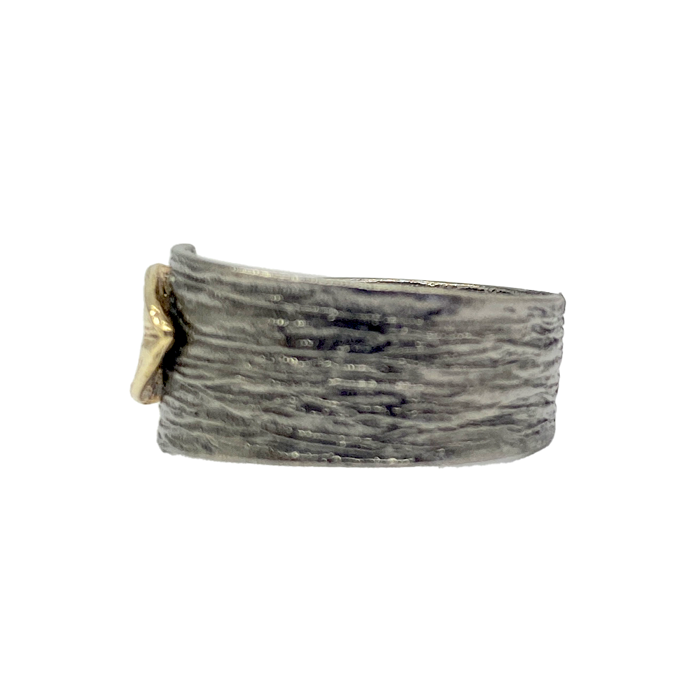Side view of silver ring with a textured band featuring a gold leaf-shaped accent.