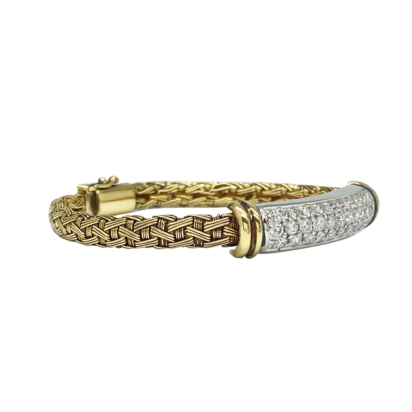 Gold and diamond bracelet with woven design.