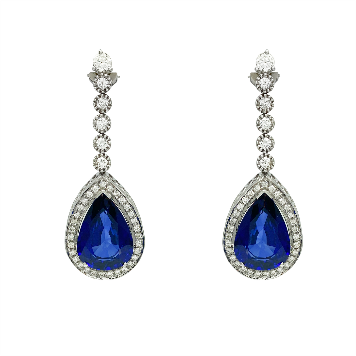 Sapphire and diamond teardrop dangle earrings.