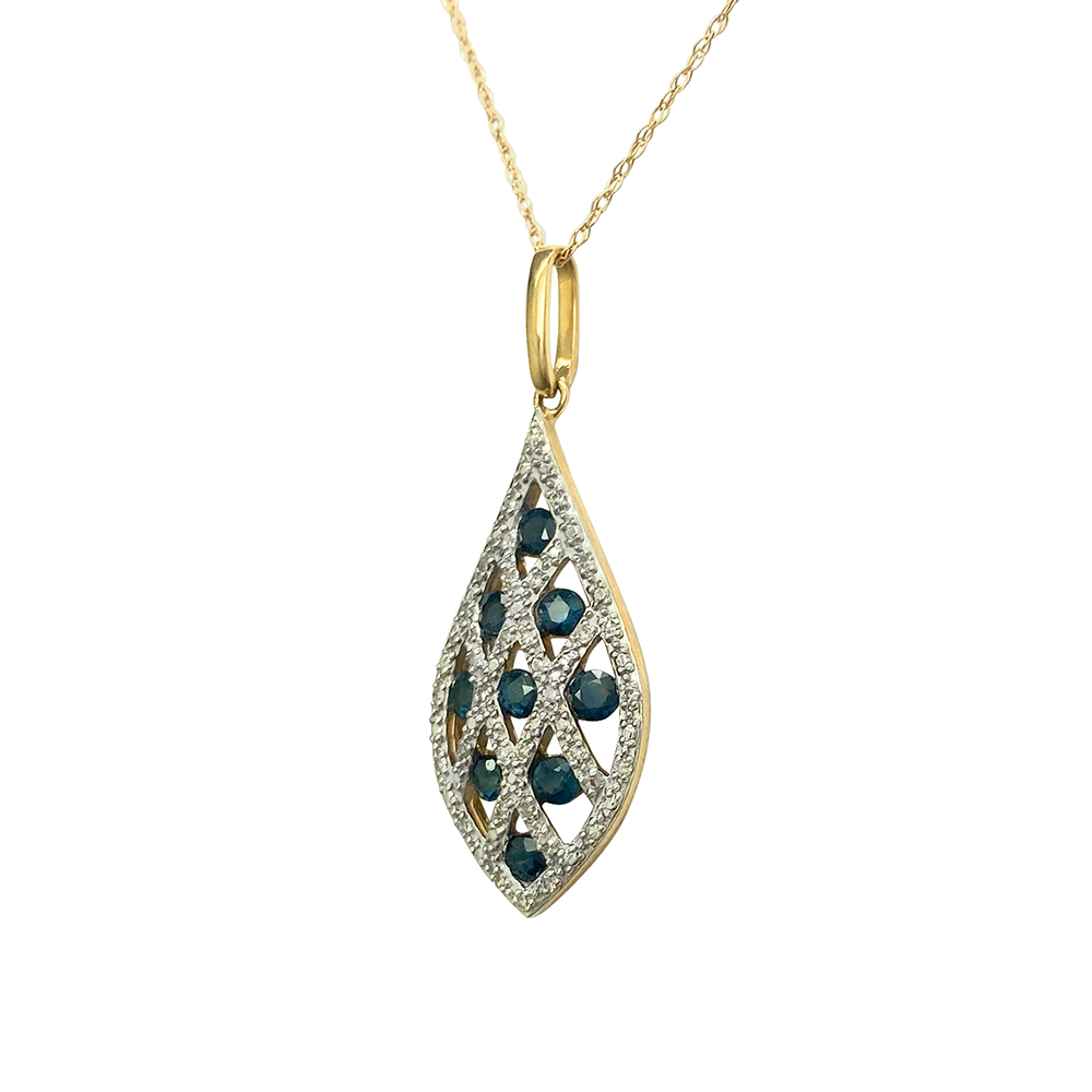 Gold pendant features a pear-shaped design with a swirling pattern of teal sapphires and diamonds.
