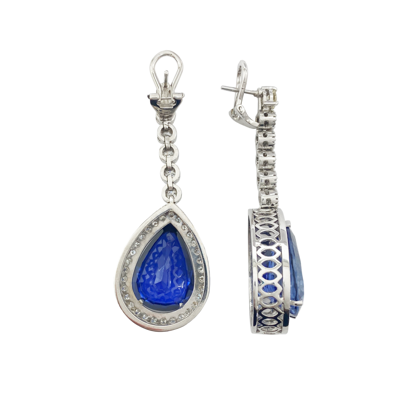Sapphire and diamond teardrop dangle earrings.