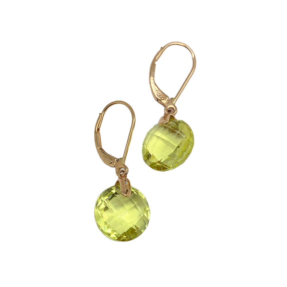 Pair of gold drop earrings with faceted, round-cut yellow gemstones.