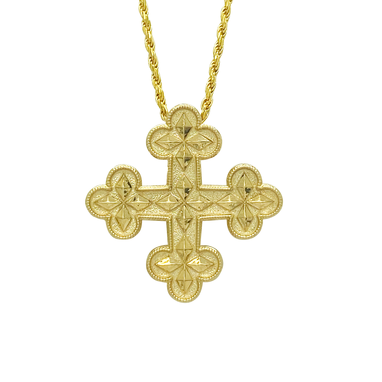 Yellow gold Greek Key cross pendant on chain