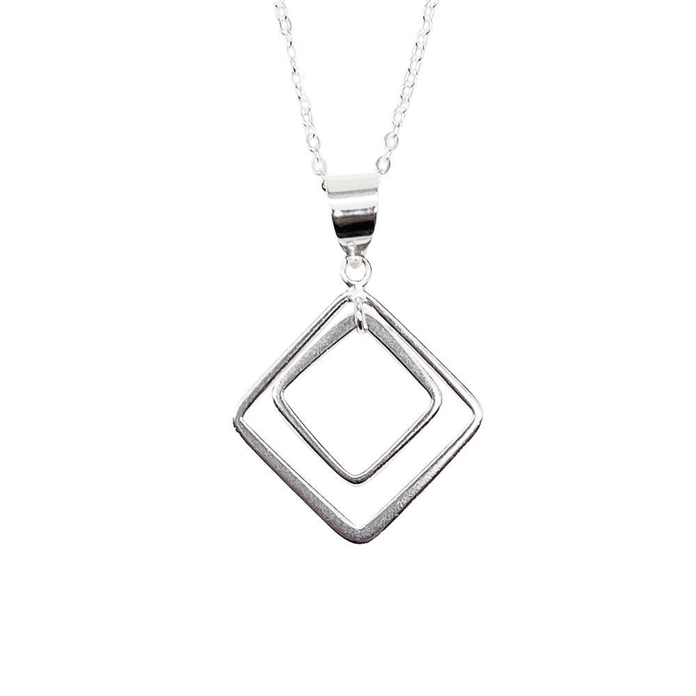 Silver necklace with a pendant featuring two overlapping geometric shapes