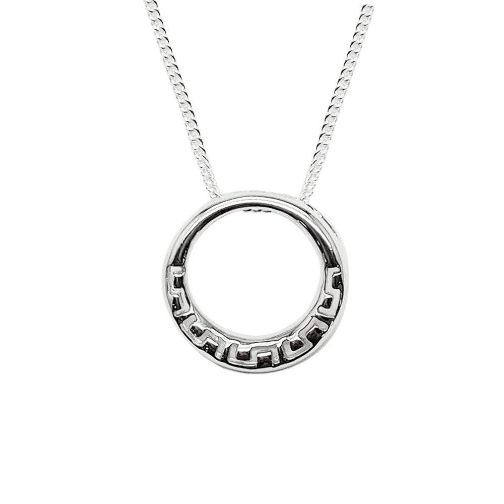 Silver necklace with a circular pendant featuring a Greek key design