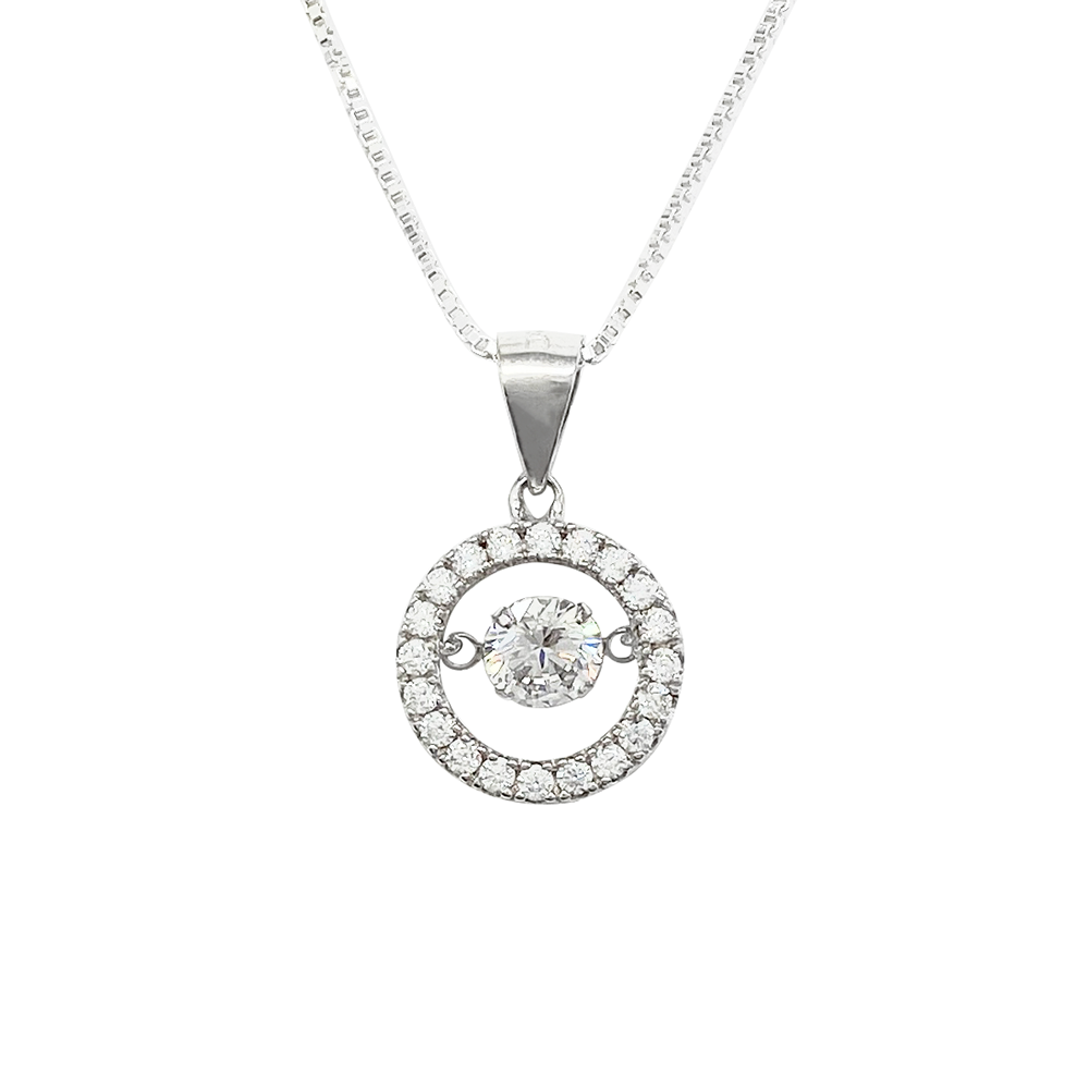 Silver necklace with a circular pendant featuring a central diamond surrounded by smaller diamonds