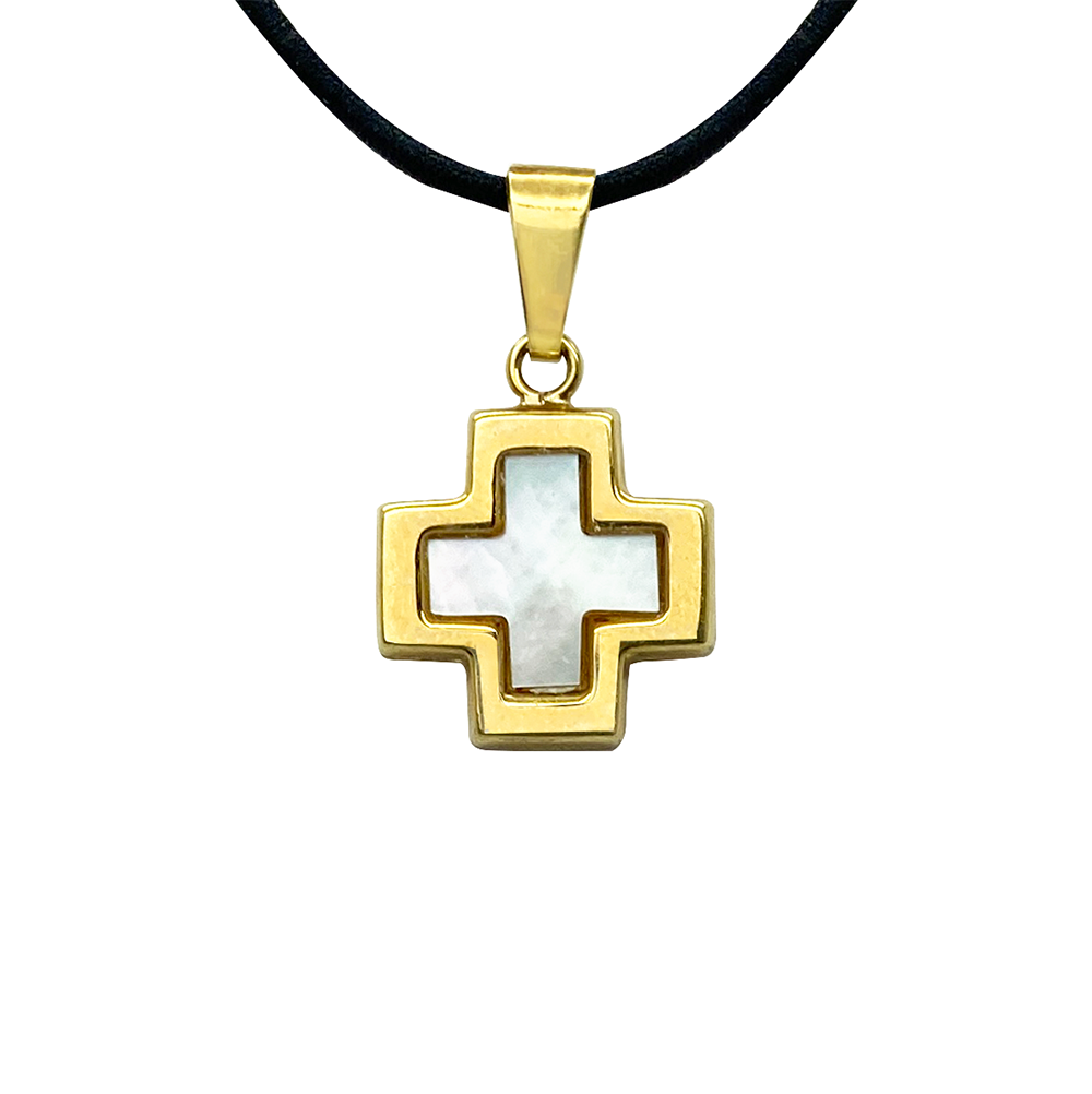 Gold Greek cross pendant with a white mother-of-pearl center, on a black cord