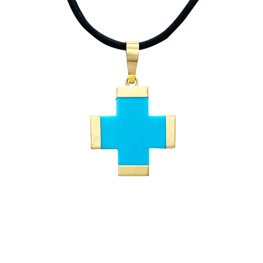 Gold Greek cross pendant with a turquoise center, on a black cord.