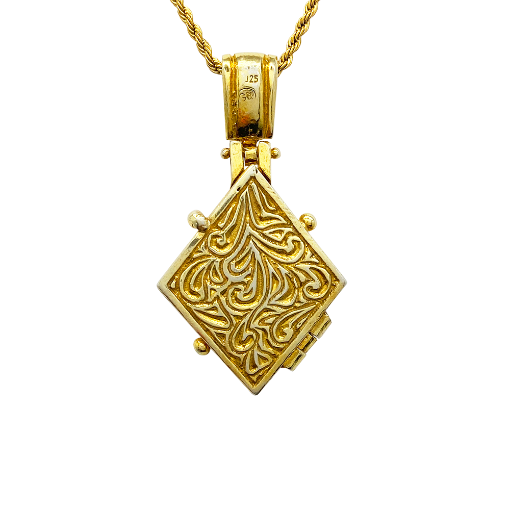 Gold locket necklace with a square pendant on a white background