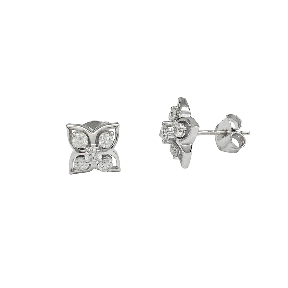 Silver stud earrings with a flower-shaped design featuring multiple diamonds, on a white background.