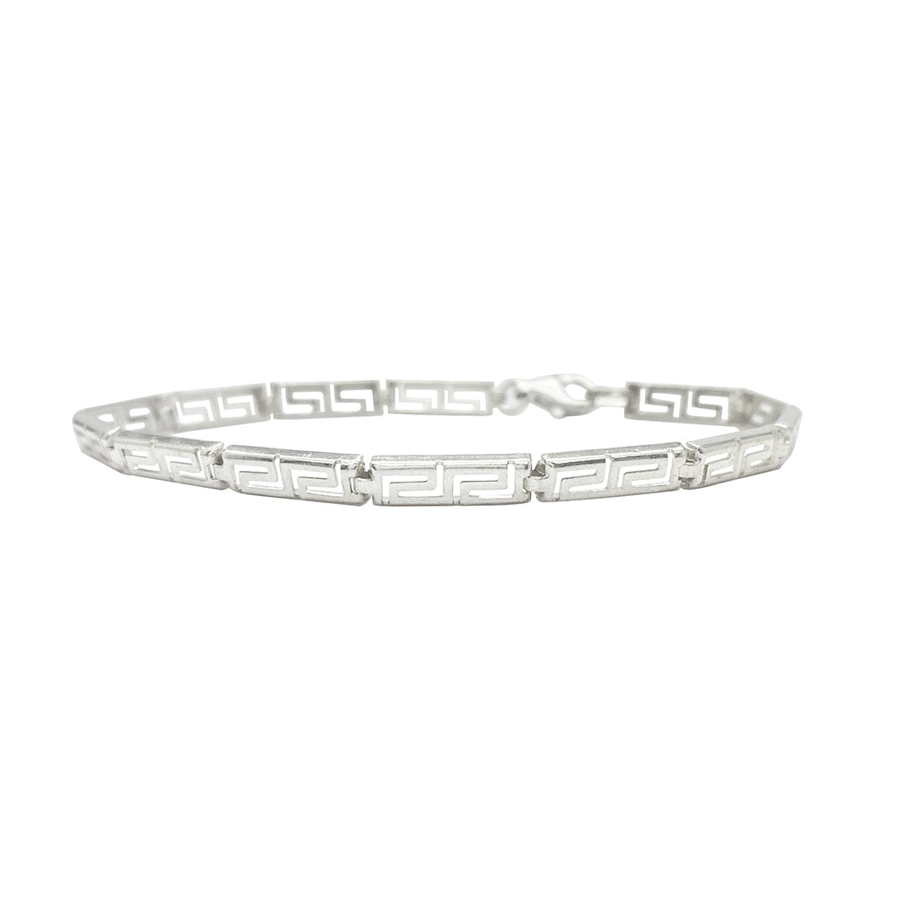 Silver bracelet with a Greek key pattern on a white background.