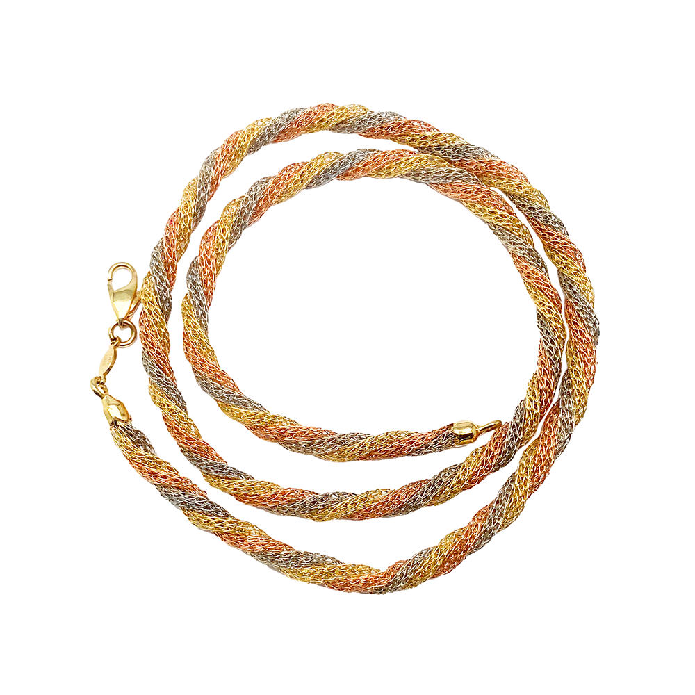 Tri-color gold rope chain necklace on a white background.