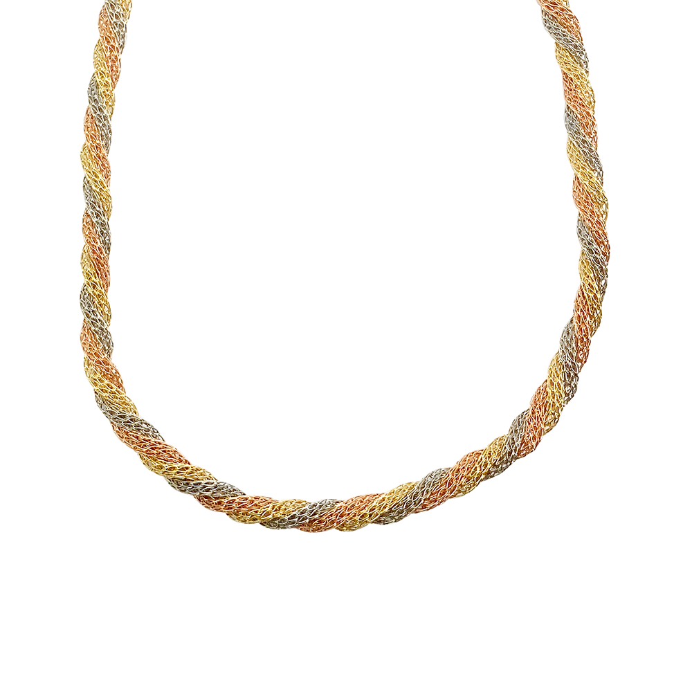 Tri-color gold rope chain necklace on a white background.
