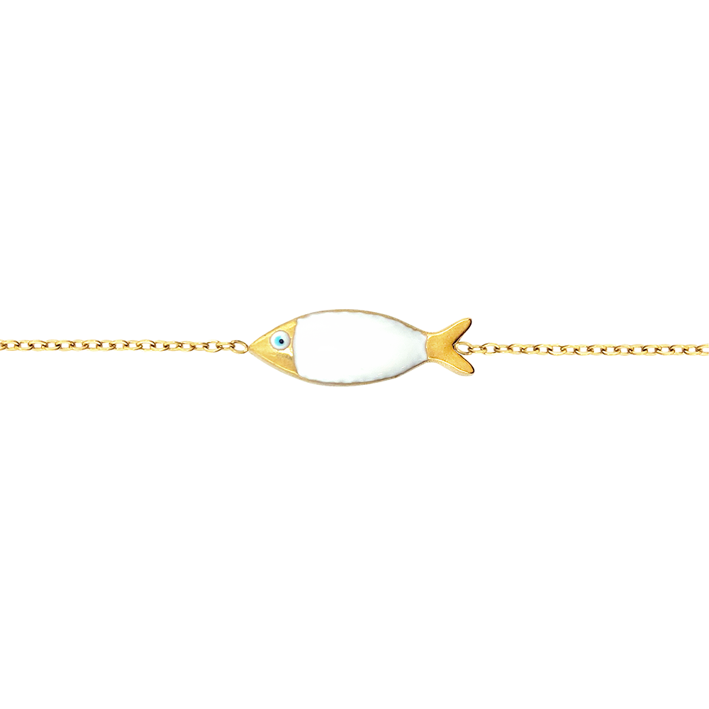 Gold chain bracelet with a white fish charm featuring a blue evil eye on a white background.