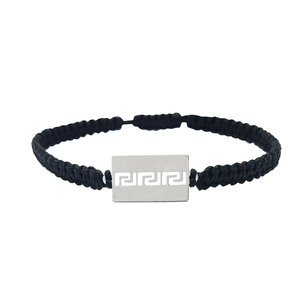 Black cord bracelet with a silver rectangular charm featuring a Greek key design on a white background