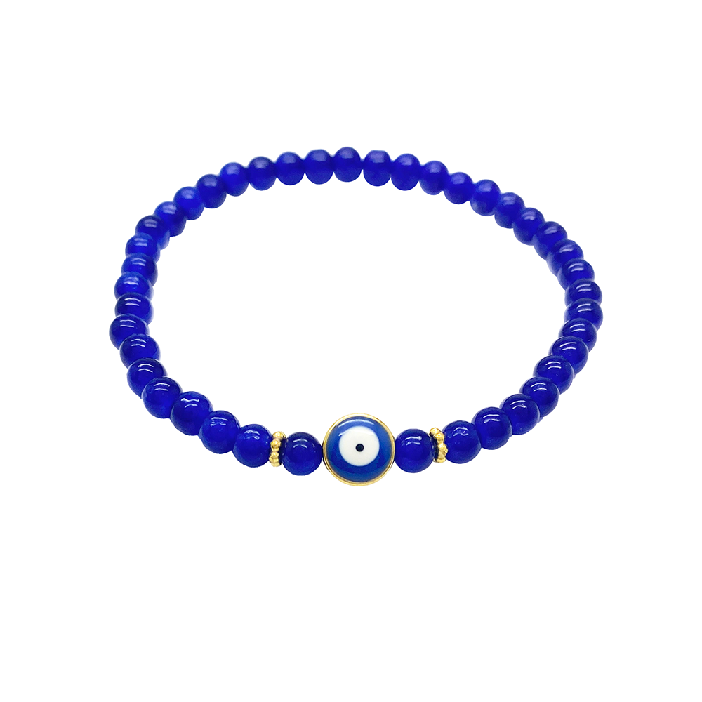 Blue beaded bracelet with a gold-rimmed evil eye charm on a white background.