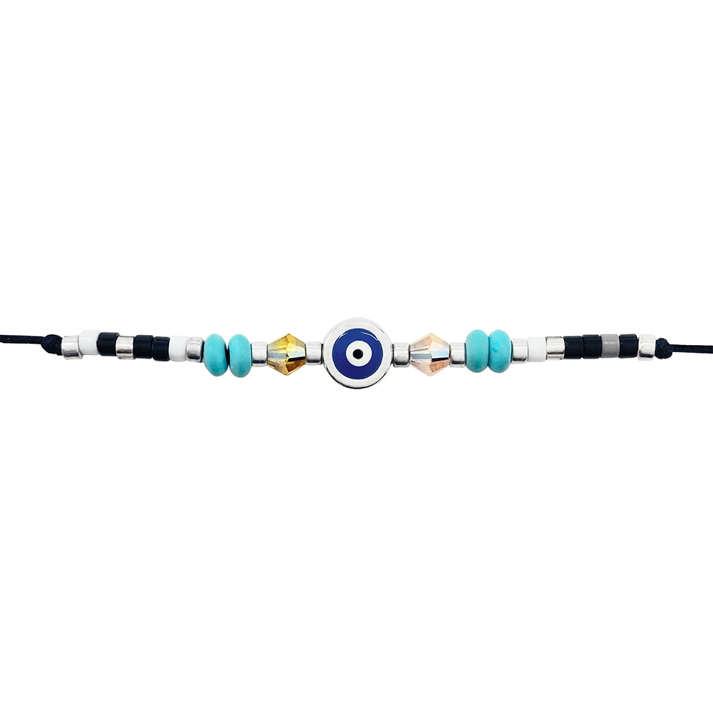 Black cord bracelet with a blue evil eye charm, turquoise beads, and crystal beads on a white background