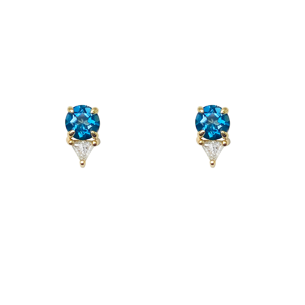 Gold stud earrings with blue gemstones and diamonds on a white background.