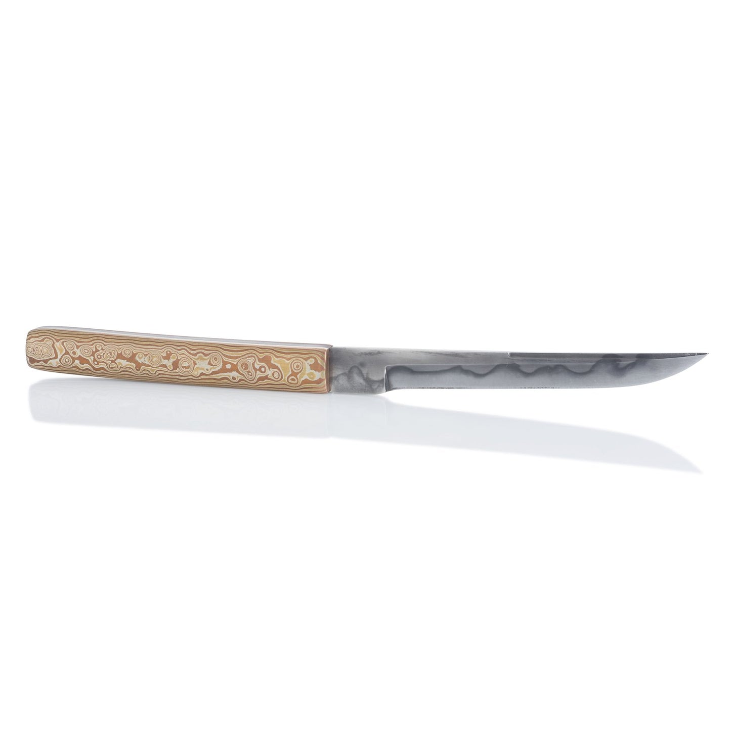 Sleek knife with a wooden handle featuring Damascus steel pattern, on a white background