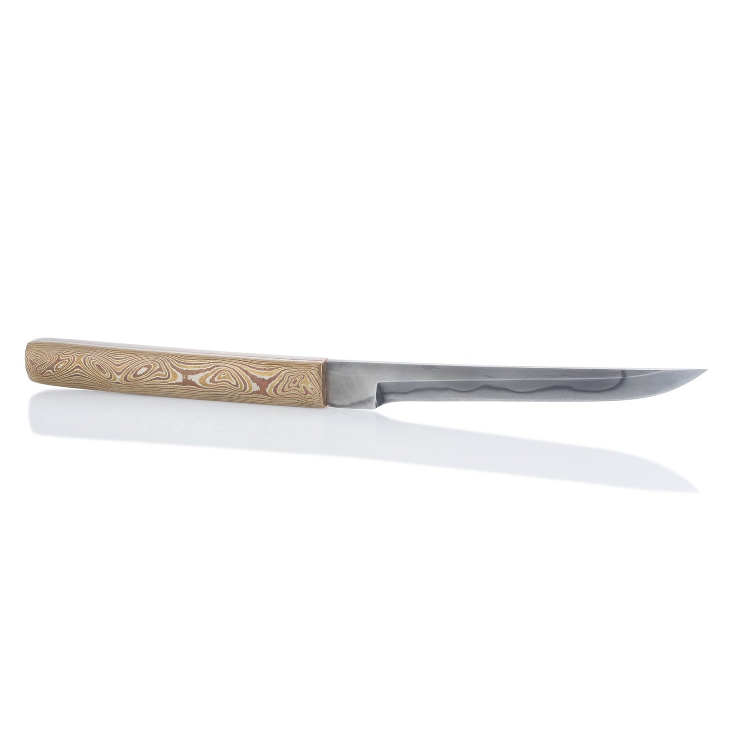 Sleek knife with a wooden handle featuring Damascus steel pattern, on a white background
