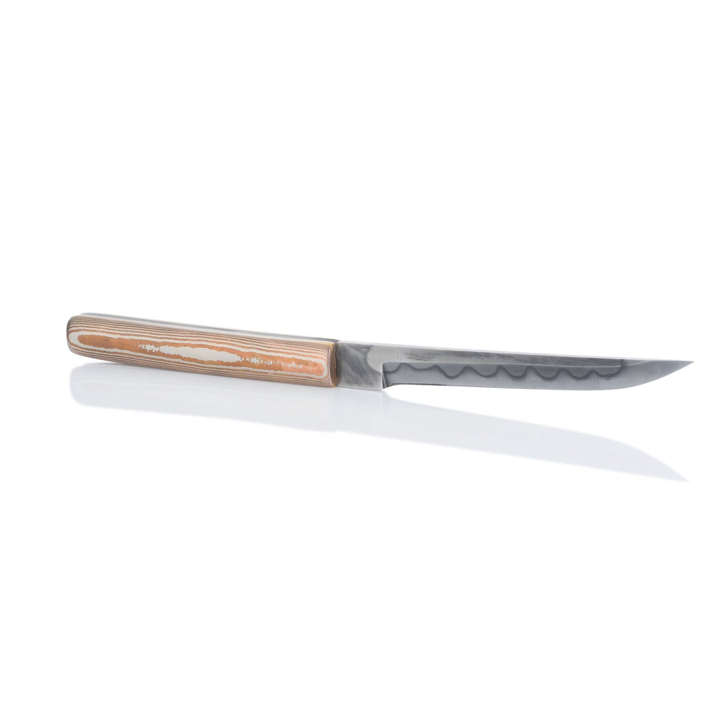 Sleek knife with a wooden handle featuring Damascus steel pattern, on a white background