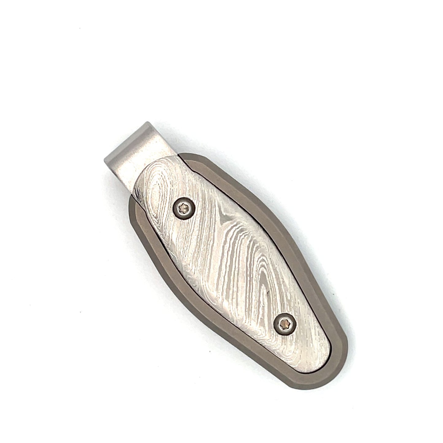 Sllver colored money clip with a textured, Damascus steel pattern in the center, on a white background.