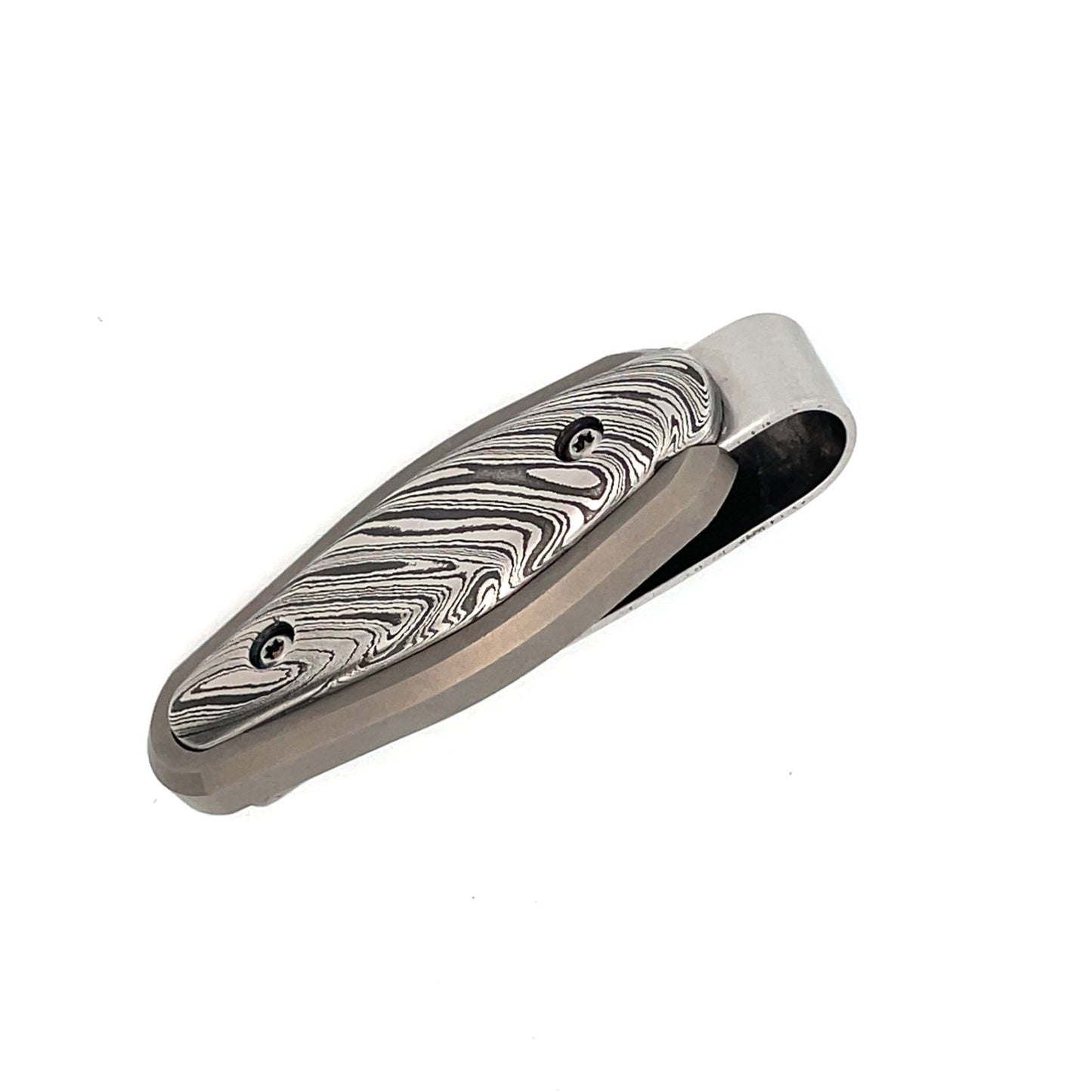 Sllver colored money clip with a textured, Damascus steel pattern in the center, on a white background.