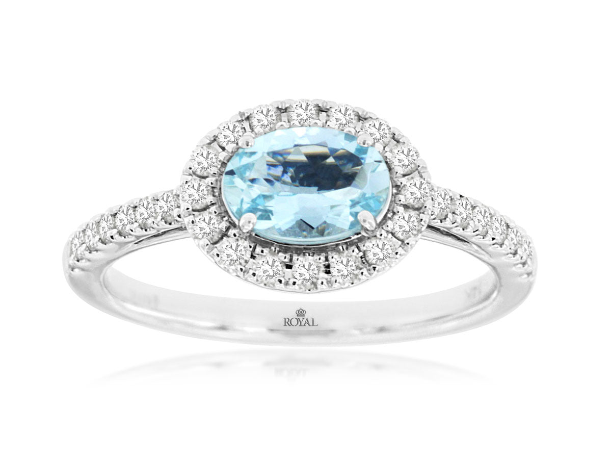 14K White Gold East-West Oval Aquamarine & Natural Diamond Halo Ring
