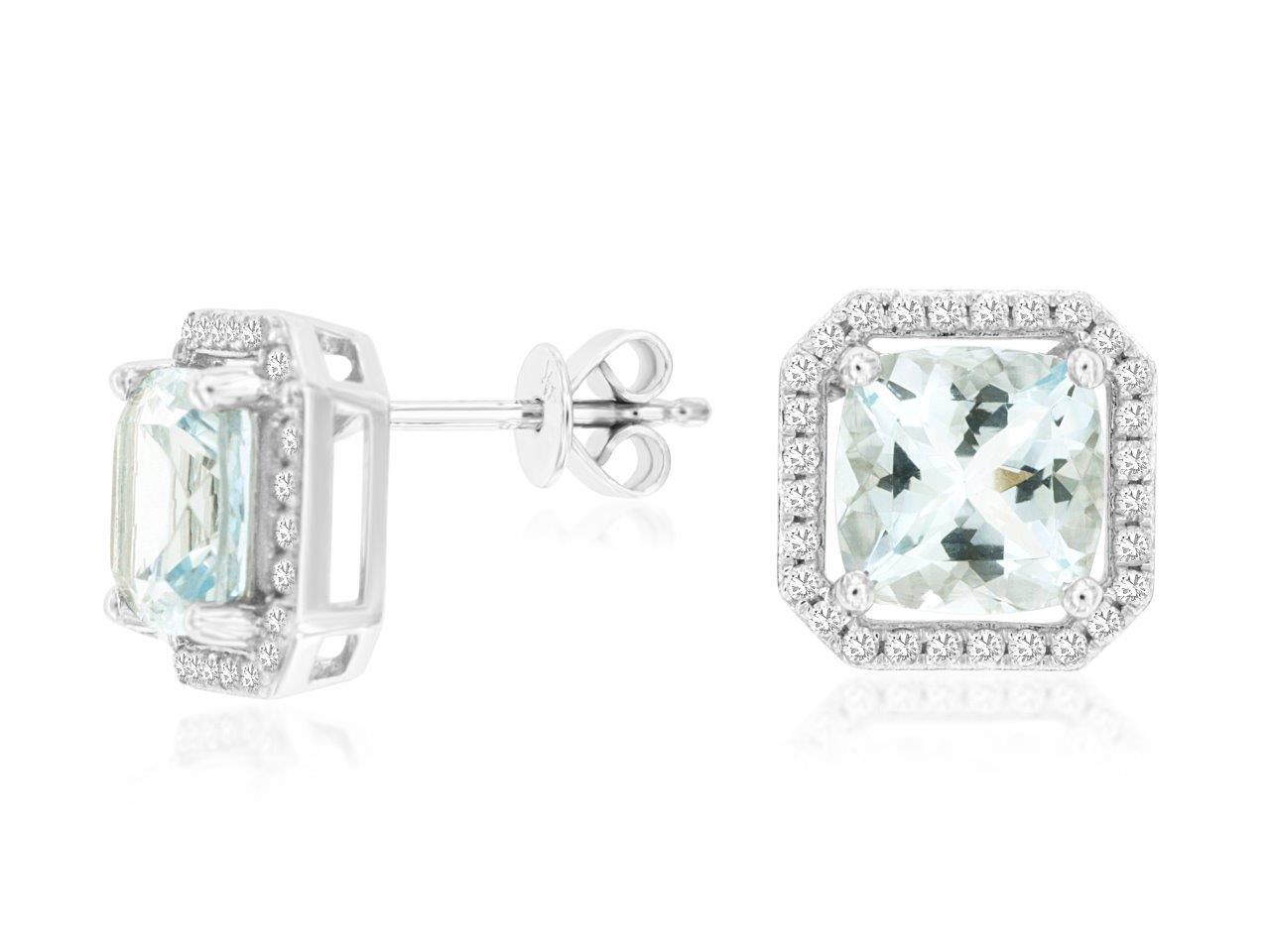 14K White Gold Halo Stud Earrings with 2.80ctw Aquamarine & 0.29ctw Natural Diamonds