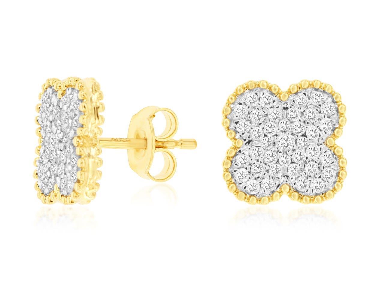 14K Yellow Gold Clover Stud Earrings with 0.50ctw Natural Diamonds
