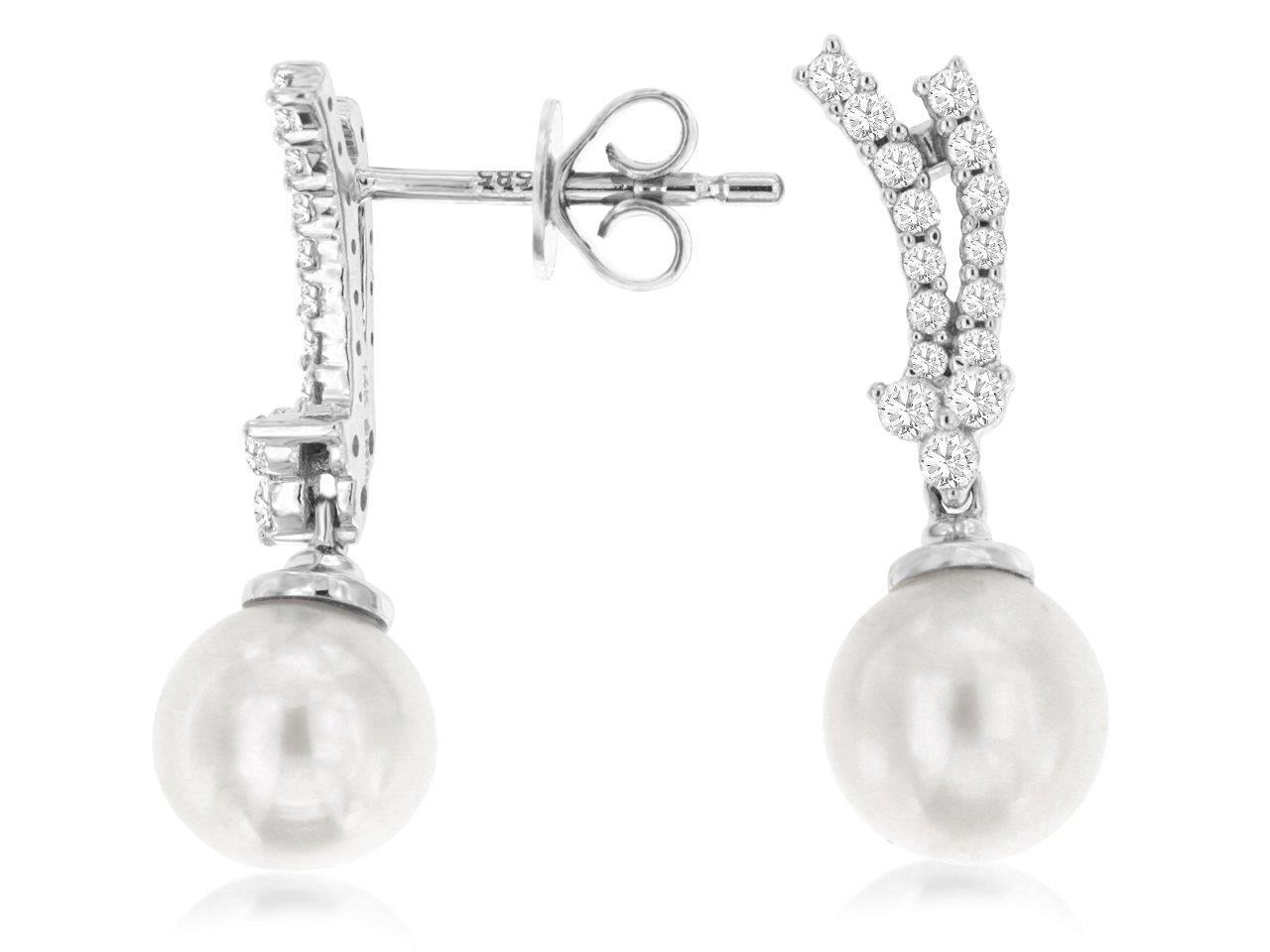 14K White Gold Drop Earrings with Pearl & 0.29ctw Natural Diamonds