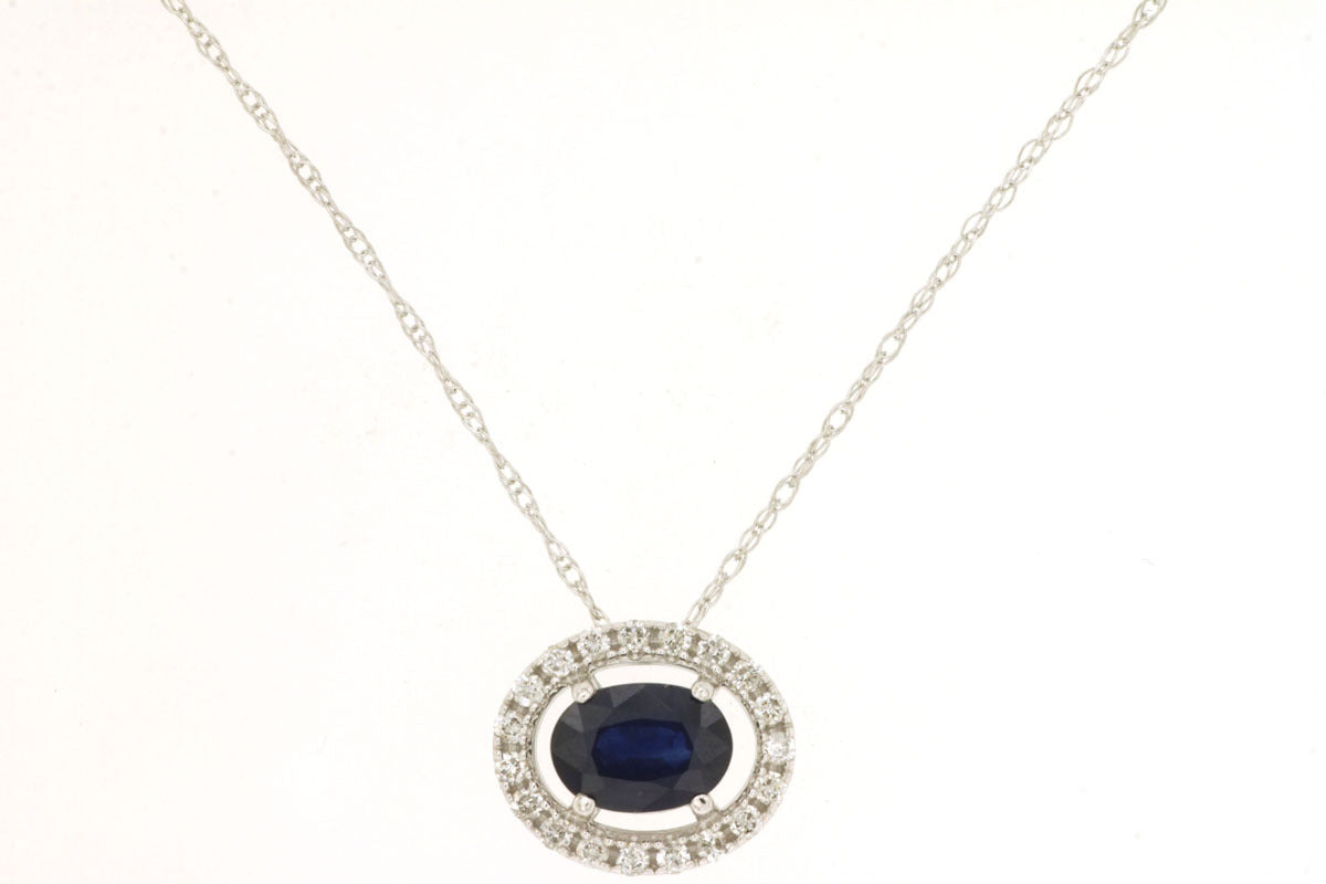 14K White Gold Halo Necklace with 0.65 CTW Sapphire & 0.12 CTW Natural Diamonds