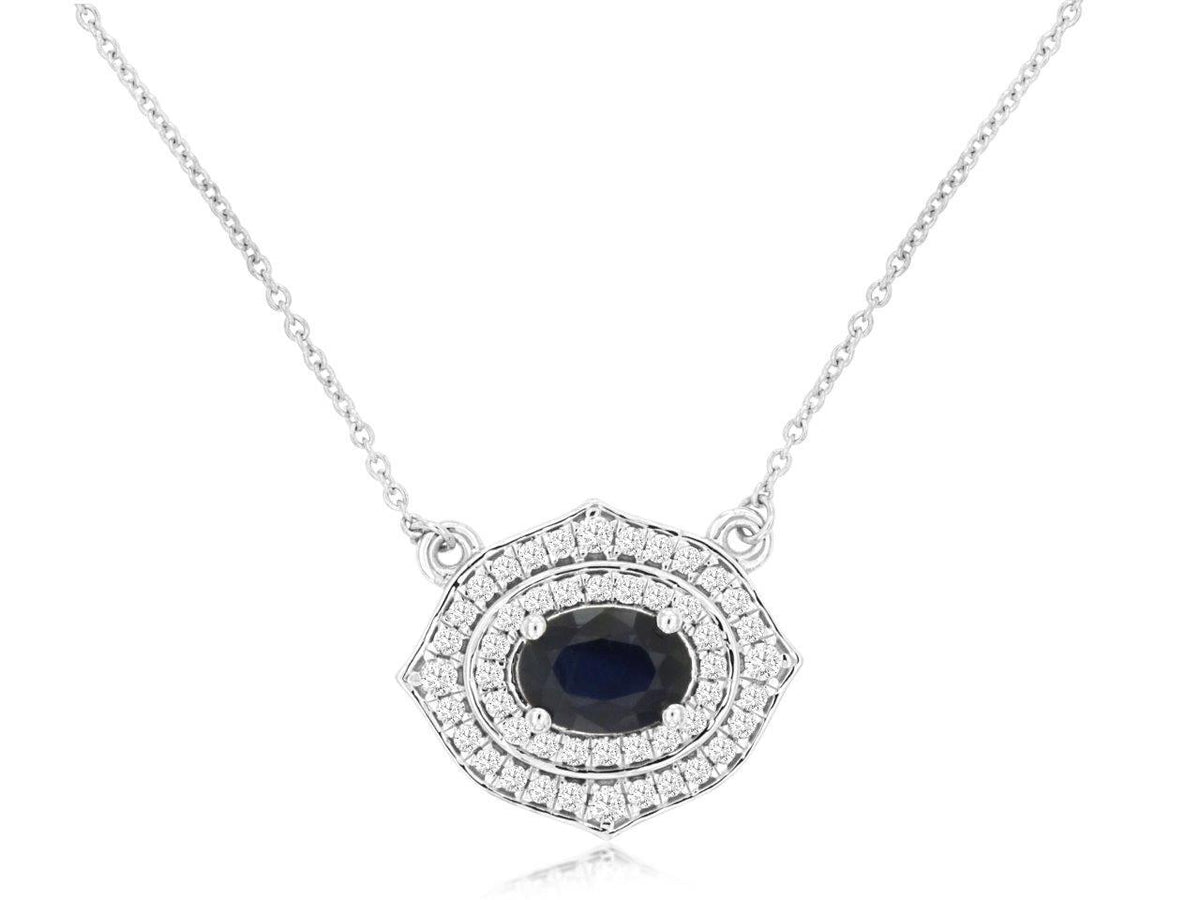 14K White Gold Halo Necklace with 0.98 CTW Sapphire & 0.35CTW Natural Diamonds