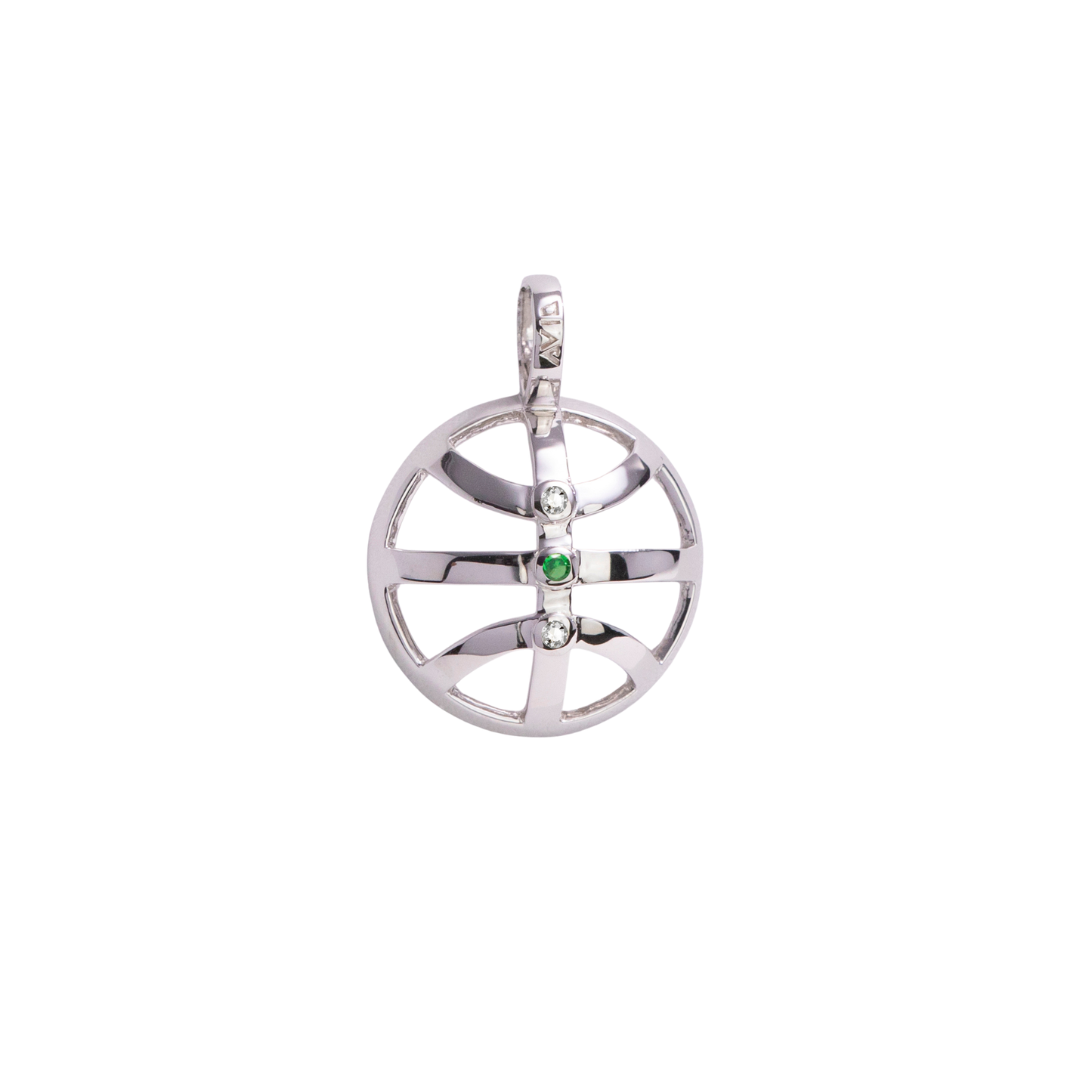 Silver pendant with green gemstone on a white background